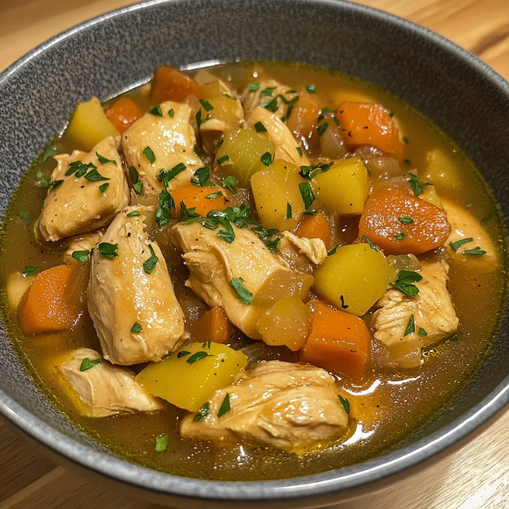 Delicious slow cooker chicken stew with vegetables and spices.
