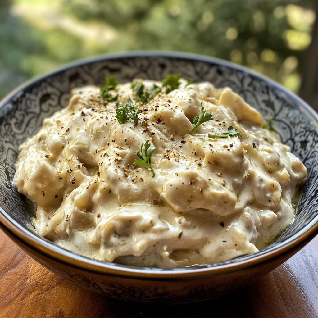 Slow Cooker Cream Cheese Crack Chicken served in a bowl with herbs