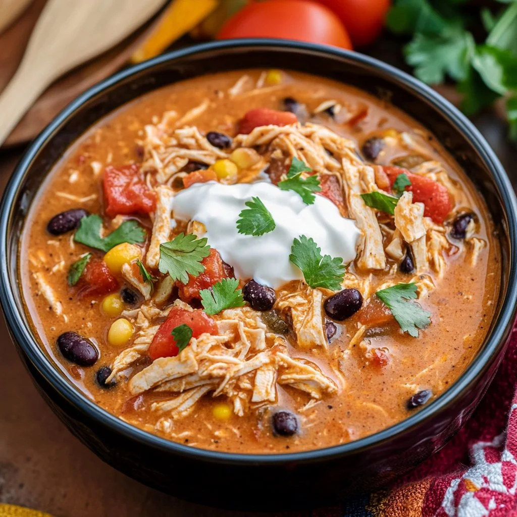 Slow cooker cream cheese crack chicken chili served in a bowl with toppings.