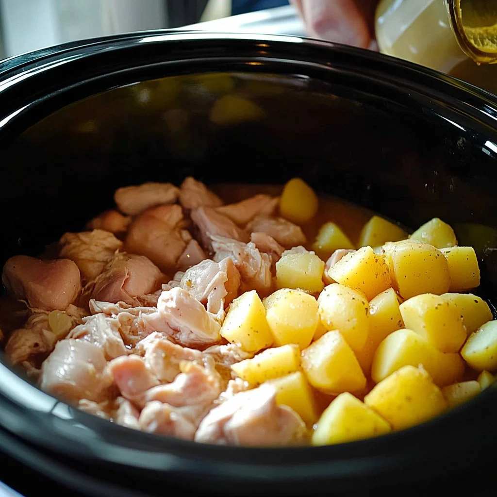 Slow Cooker Parmesan Garlic Chicken with Potatoes served in a bowl.