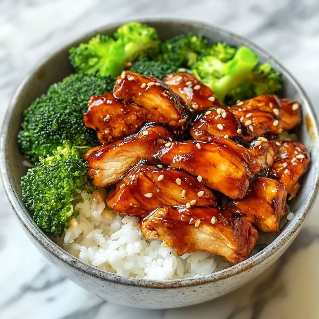 Delicious sticky chicken rice bowls with vibrant vegetables and sauce