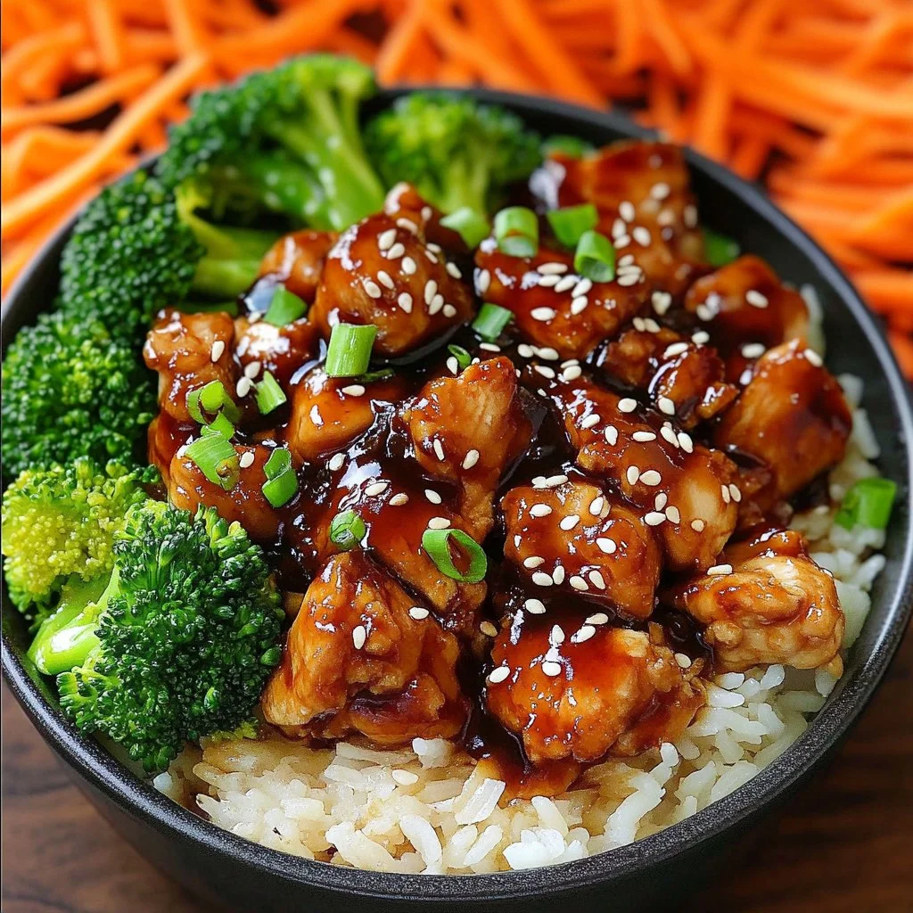 Delicious Sticky Chicken Rice Bowls with flavorful toppings.