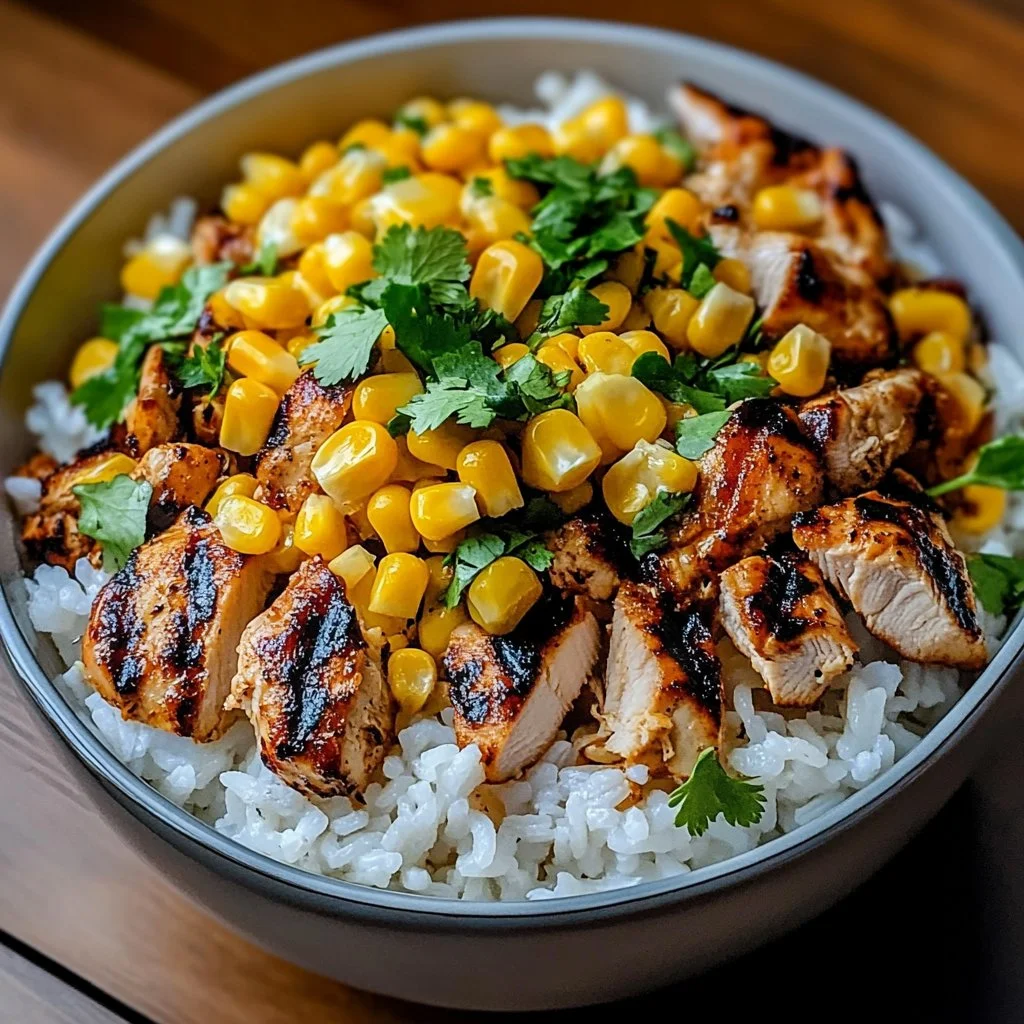 Delicious Street Corn Chicken Rice Bowl with grilled chicken and fresh corn
