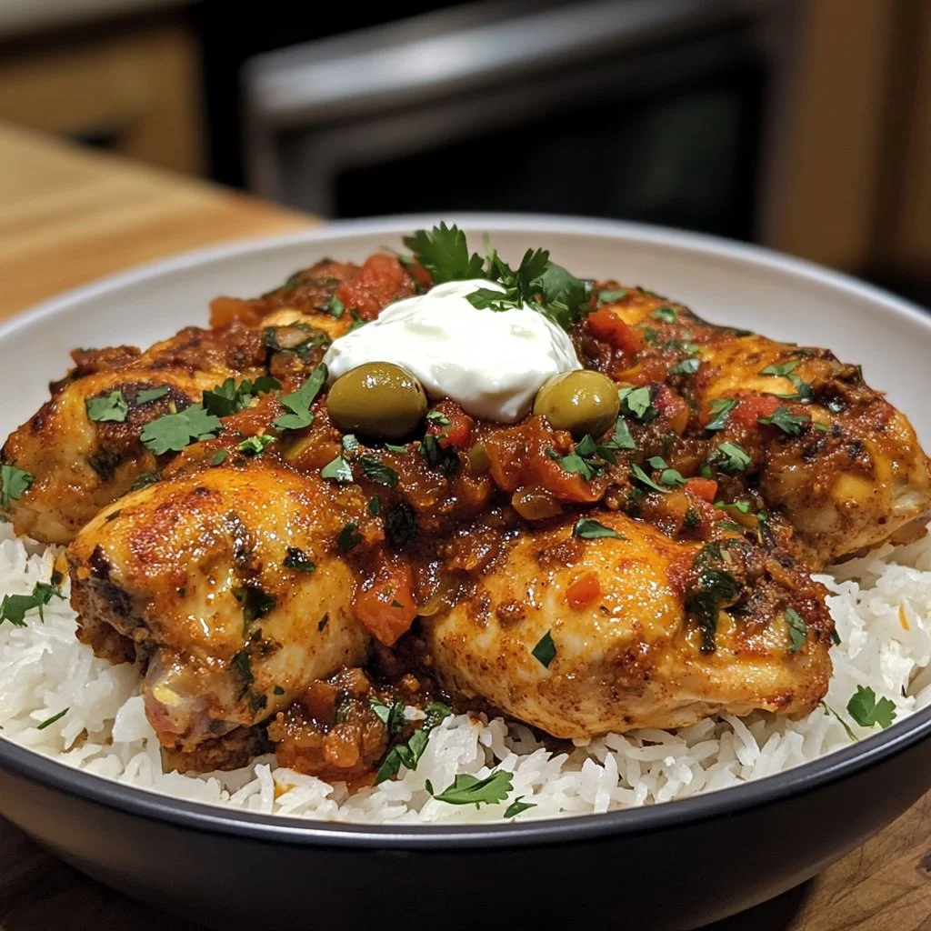 A serving of Syrian Style Chicken garnished with fresh herbs and spices