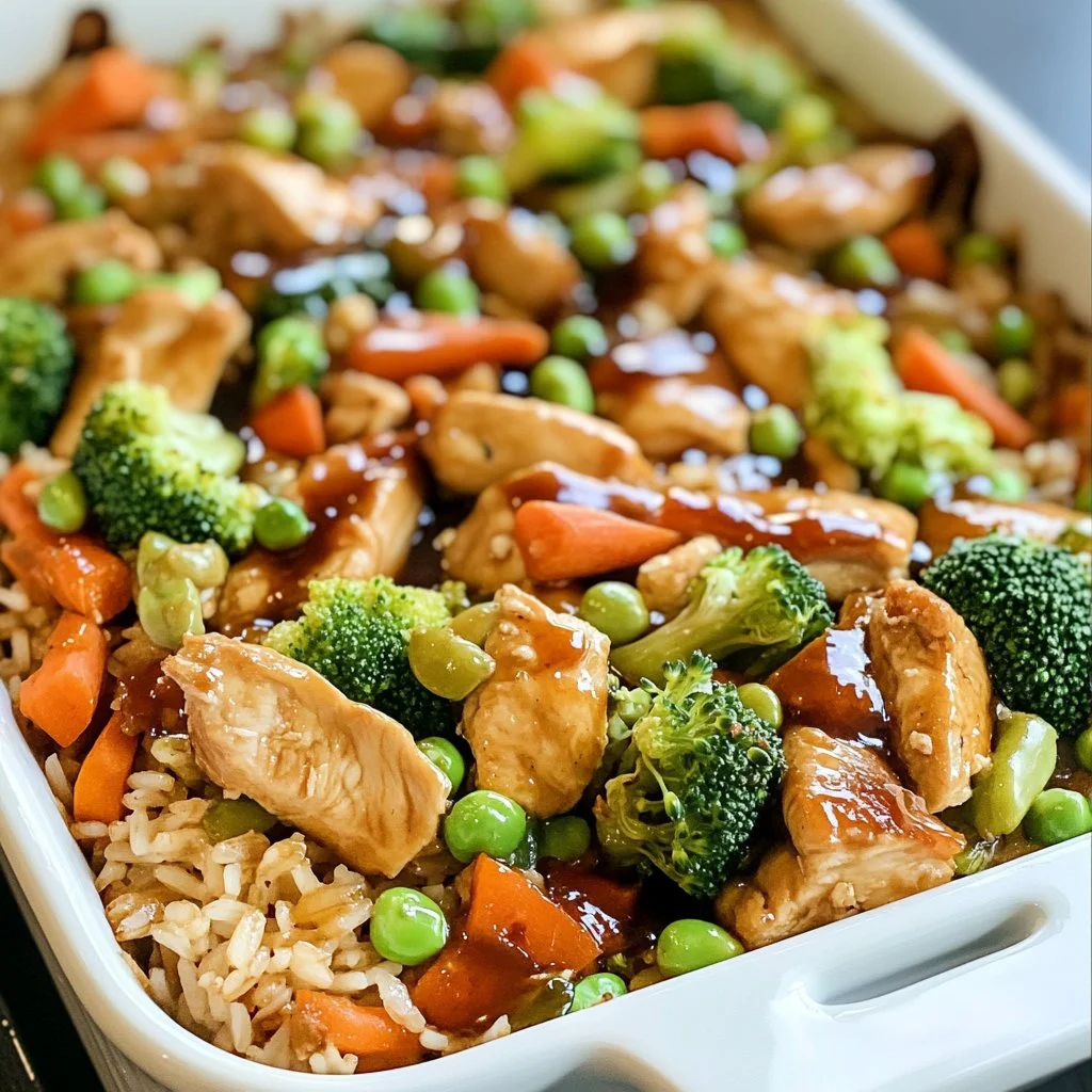 Delicious teriyaki chicken casserole with colorful vegetables and rice