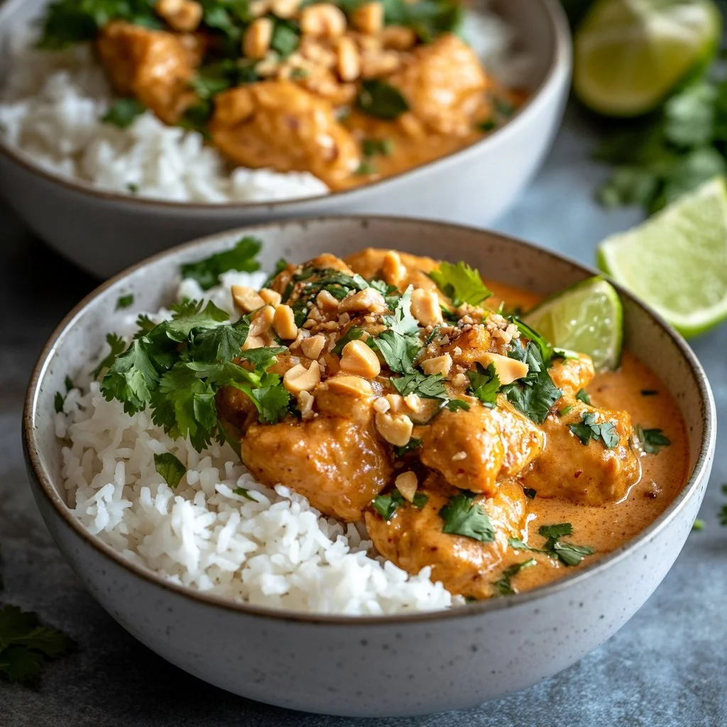 Delicious Thai Peanut Chicken served with colorful vegetables and garnished with peanuts.