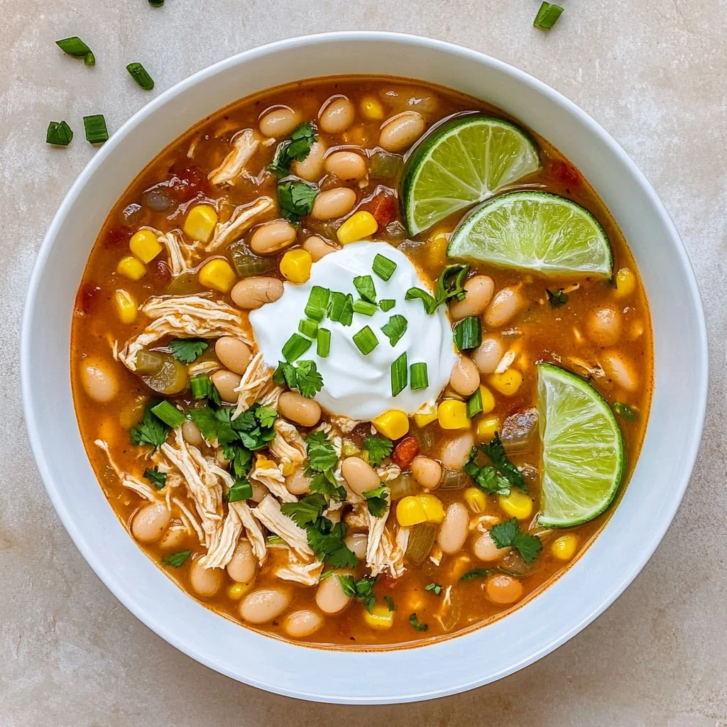 Bowl of hearty White Bean Chili topped with fresh herbs and spices