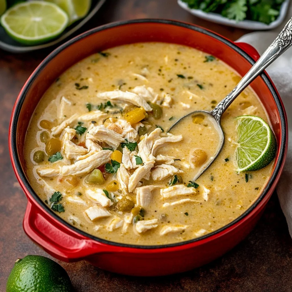 Bowl of white chicken chili topped with cilantro and sliced jalapeños.