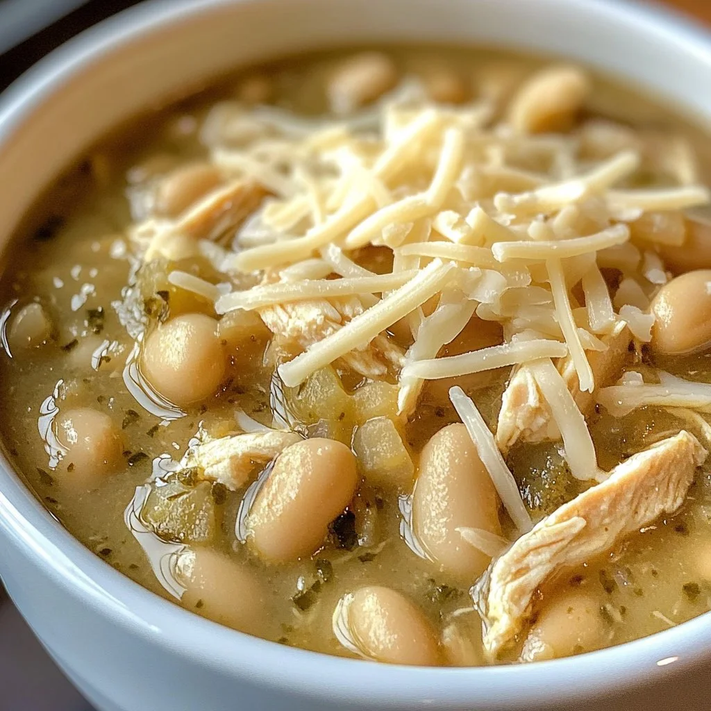 Bowl of delicious White Chicken Chili topped with cilantro and sour cream