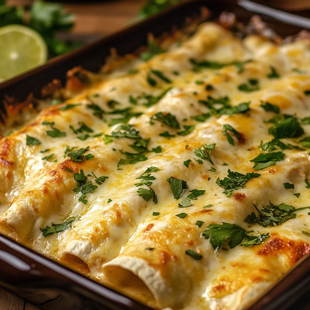 Delicious white chicken enchilada casserole topped with cheese and garnished with cilantro.