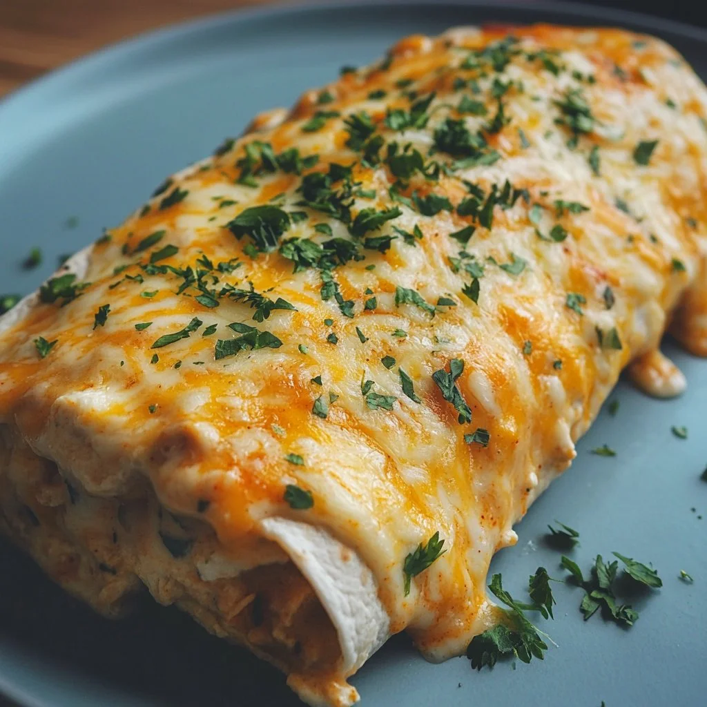 Delicious white chicken enchiladas topped with cheese and garnished with cilantro.