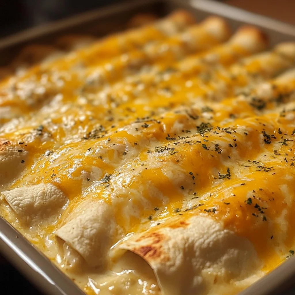 Delicious white chicken enchiladas topped with creamy sauce and cheese