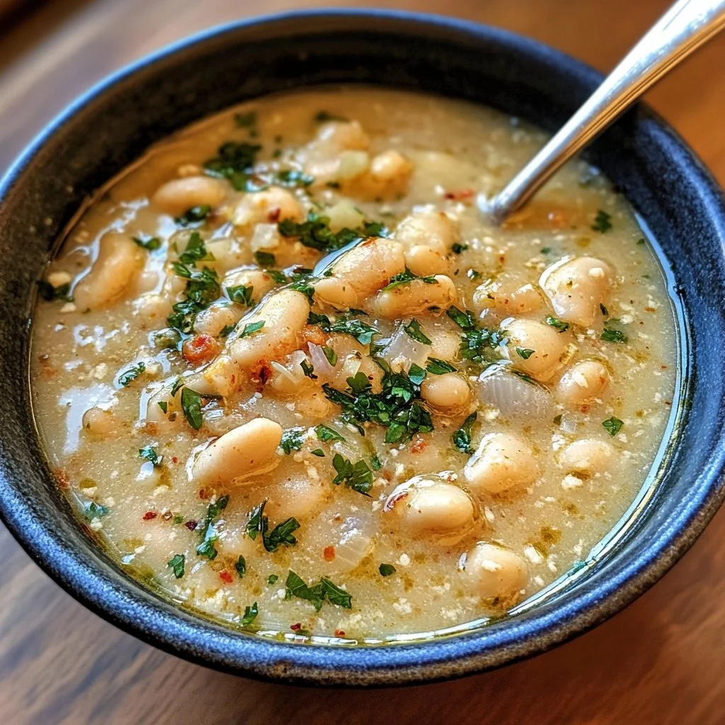 Bowl of delicious homemade White Chili topped with fresh herbs.