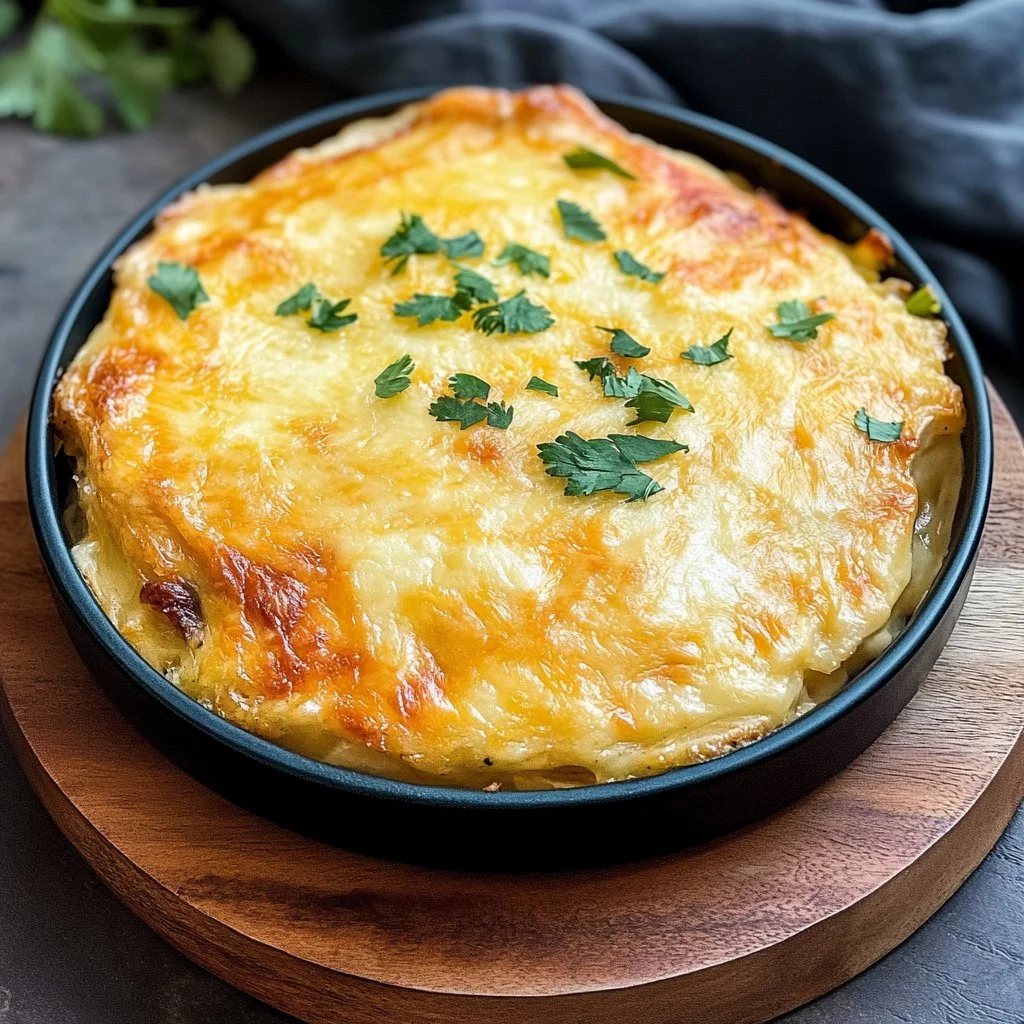 Baked Hatch Chile Relleno Casserole topped with melted cheese and green chiles