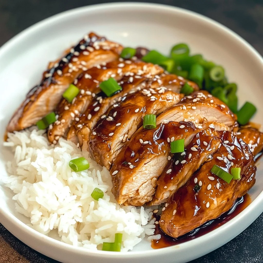 Baked teriyaki chicken fillets garnished with sesame seeds and green onions