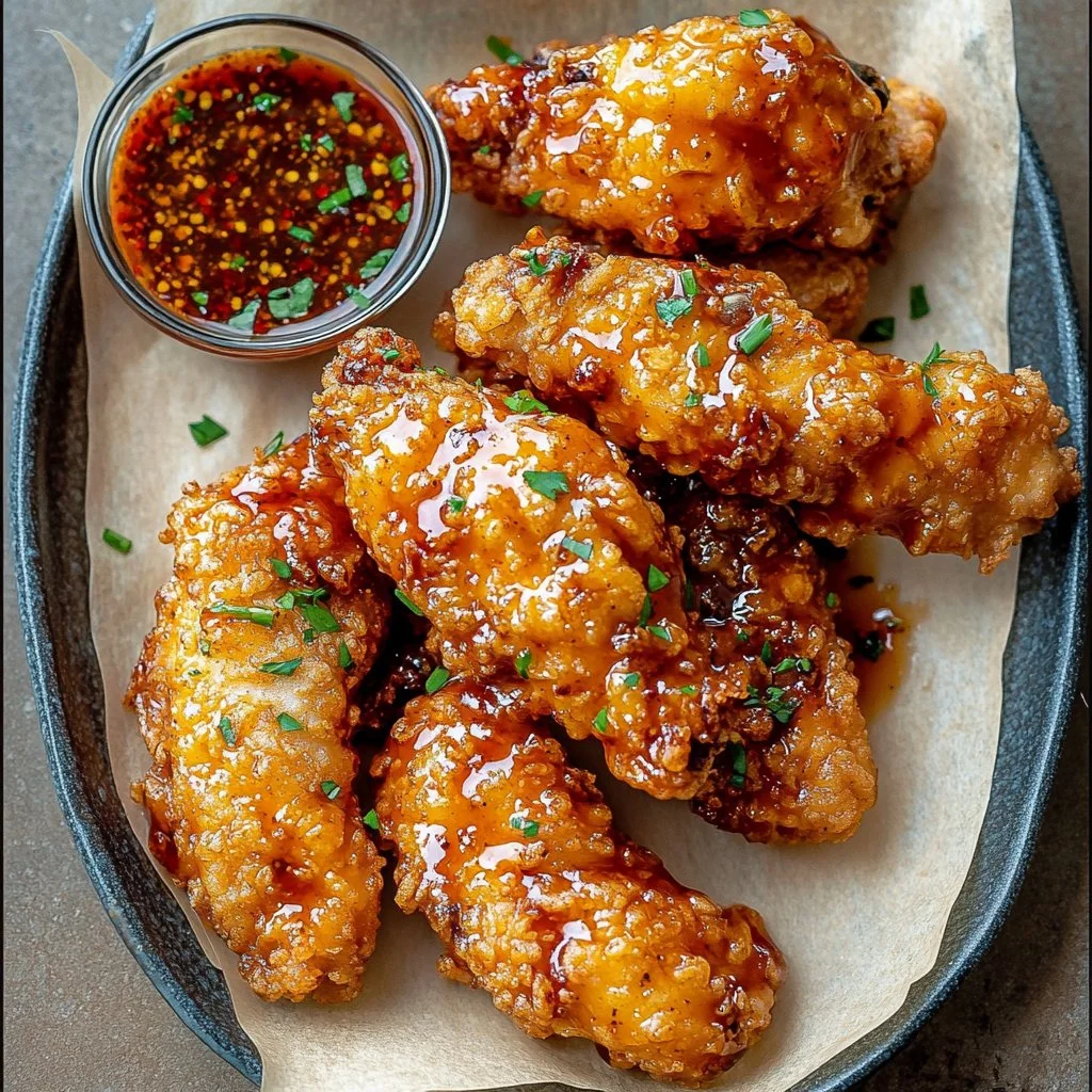 Plate of spicy Bang Bang Chicken served with garnishes