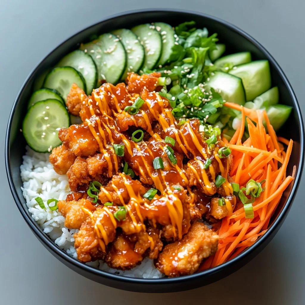 Delicious Bang Bang Chicken Rice Bowl with vibrant vegetables and spicy sauce