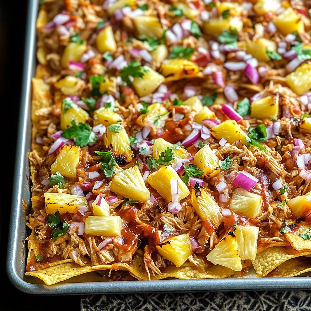 BBQ Chicken Nachos with Grilled Pineapple ready to serve