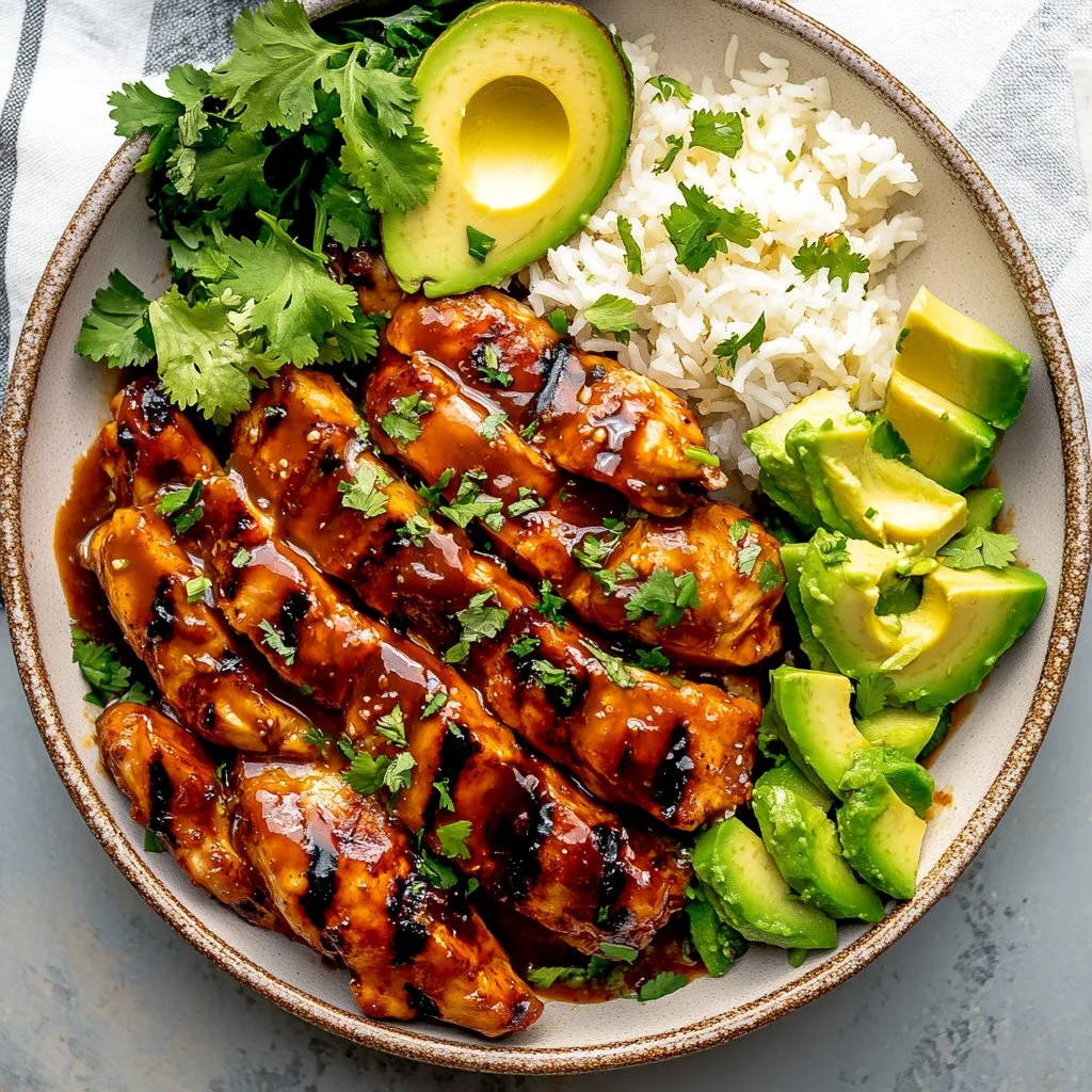 Plate of Hawaiian BBQ Chicken garnished with herbs and served with rice and vegetables.