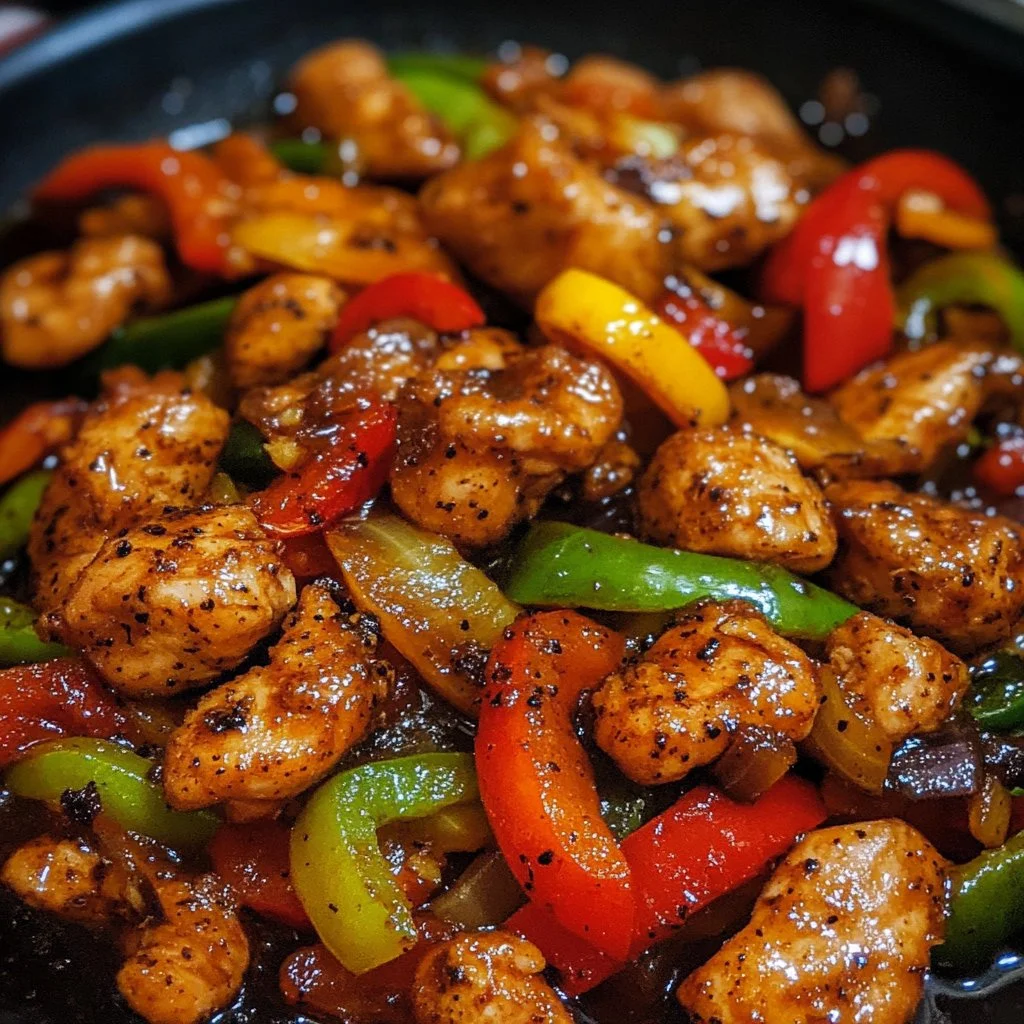 Delicious Black Pepper Chicken served with vibrant vegetables and rice