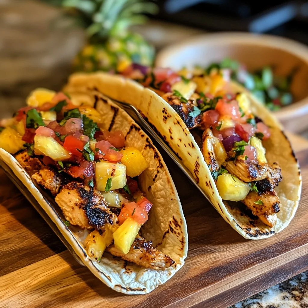 Plate of blackened chicken tacos with vibrant pineapple salsa