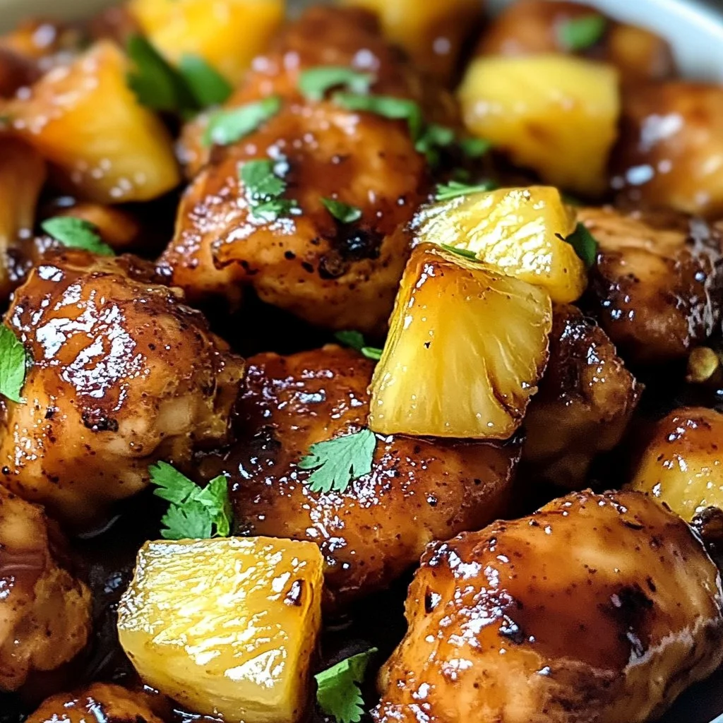 Delicious brown sugar pineapple chicken garnished with fresh herbs