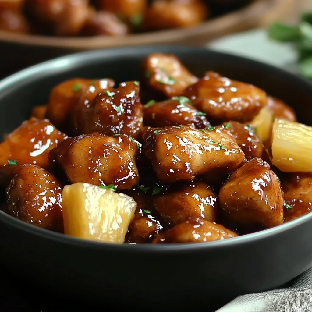 Delicious brown sugar pineapple chicken served with colorful veggies.