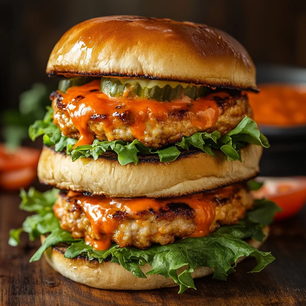 Buffalo Ground Chicken Burger on a plate topped with lettuce and sauce