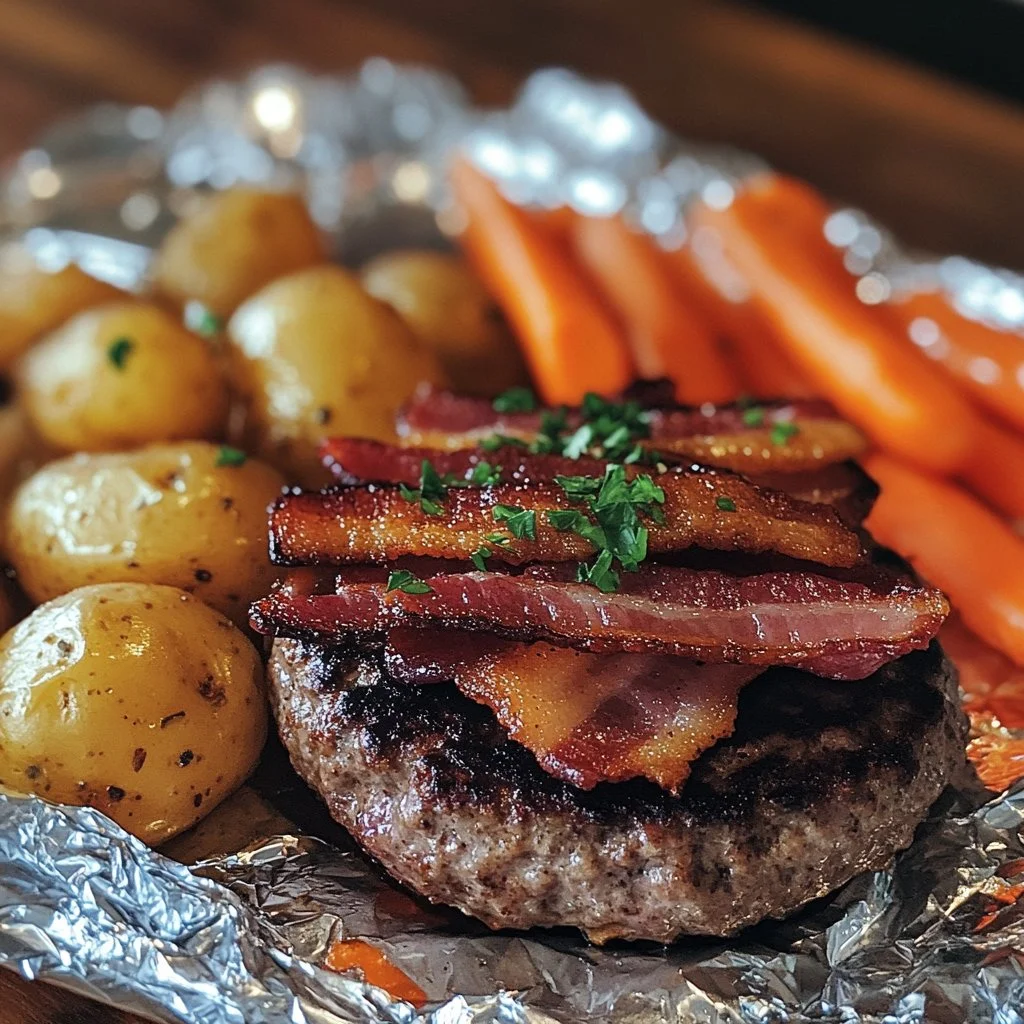 Delicious burger dinner foil packets ready for grilling