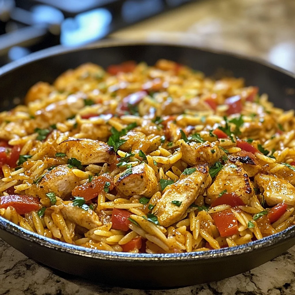 Delicious Cajun Chicken Orzo served in a bowl with vibrant spices and herbs.