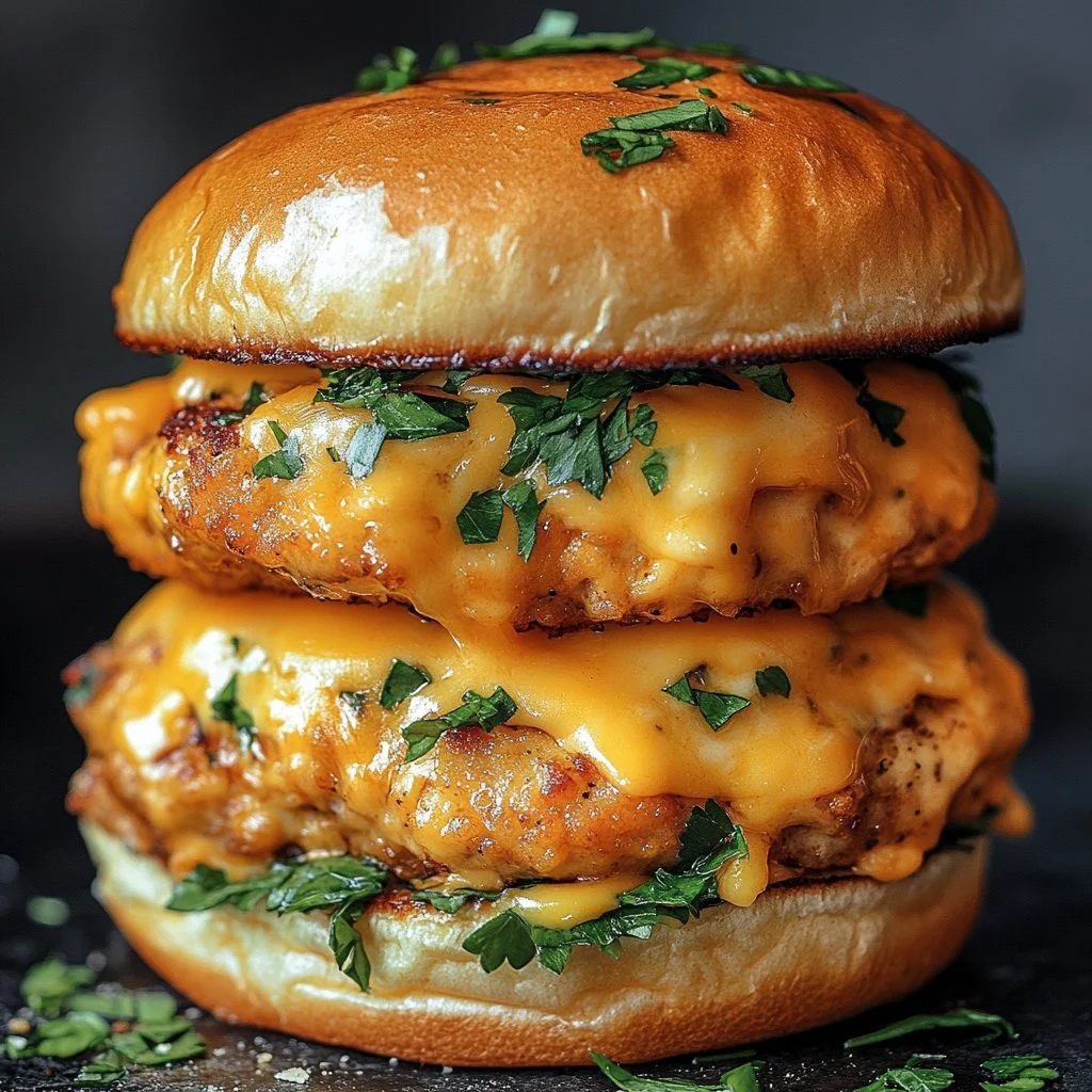 Juicy Cheddar Ranch Chicken Burgers topped with creamy ranch and cheddar cheese