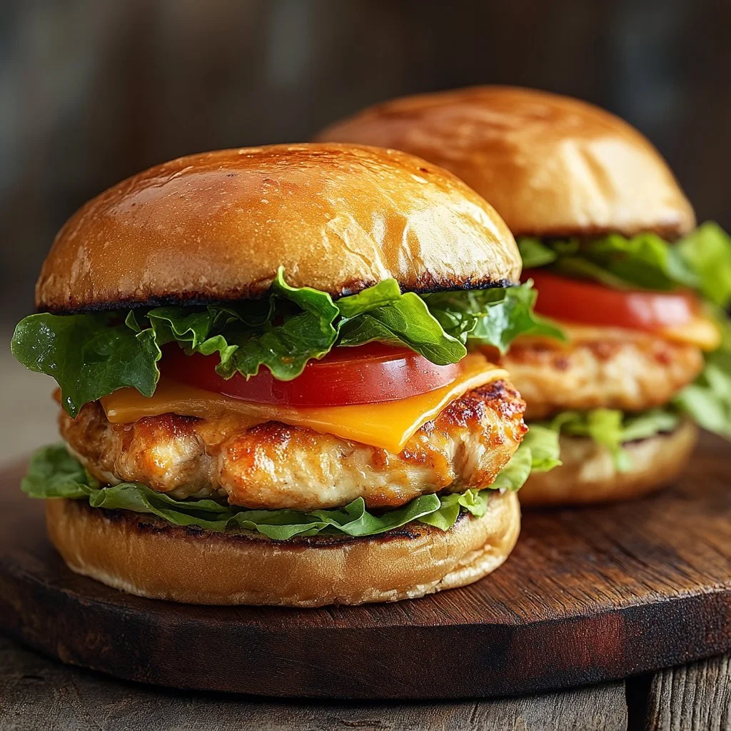 Delicious Cheddar Ranch Chicken Burgers on a grill with fresh toppings