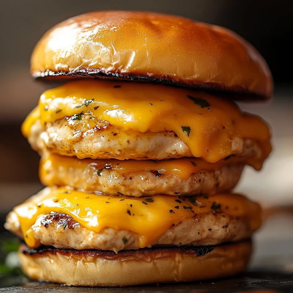 Delicious Cheddar Ranch Chicken Burgers served on a wooden platter