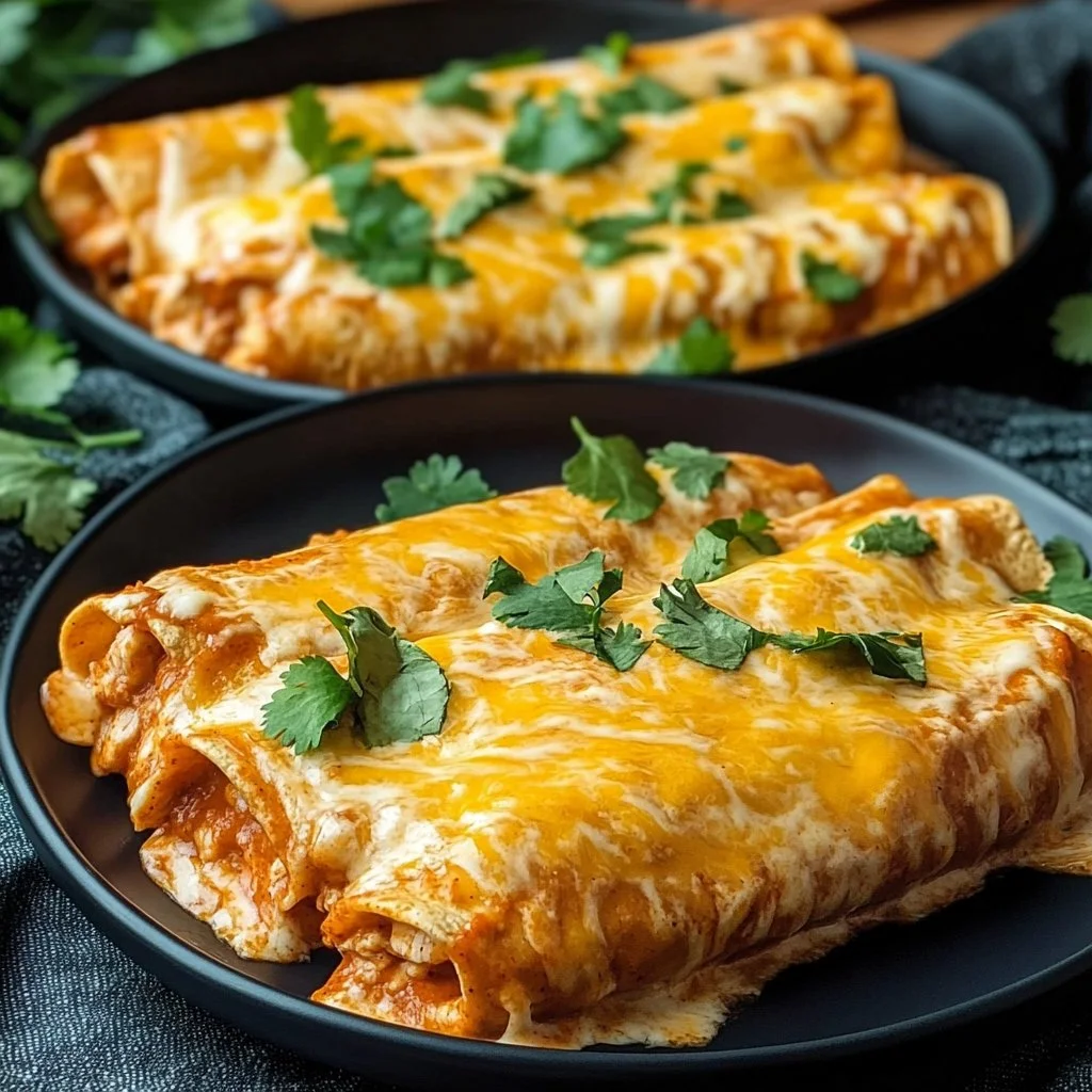 Cheesy chicken enchiladas topped with creamy sauce on a plate