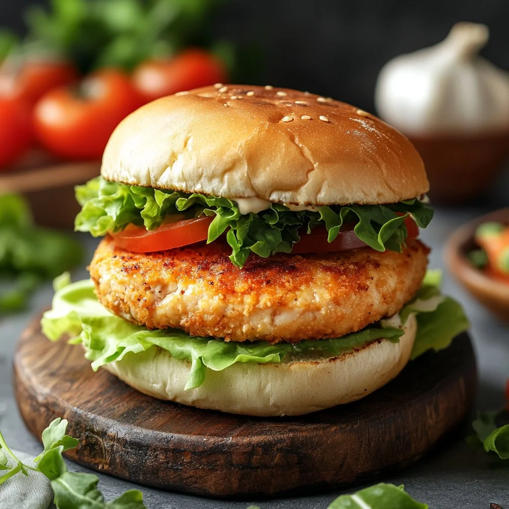 Juicy chicken burger served with fresh toppings and side of fries
