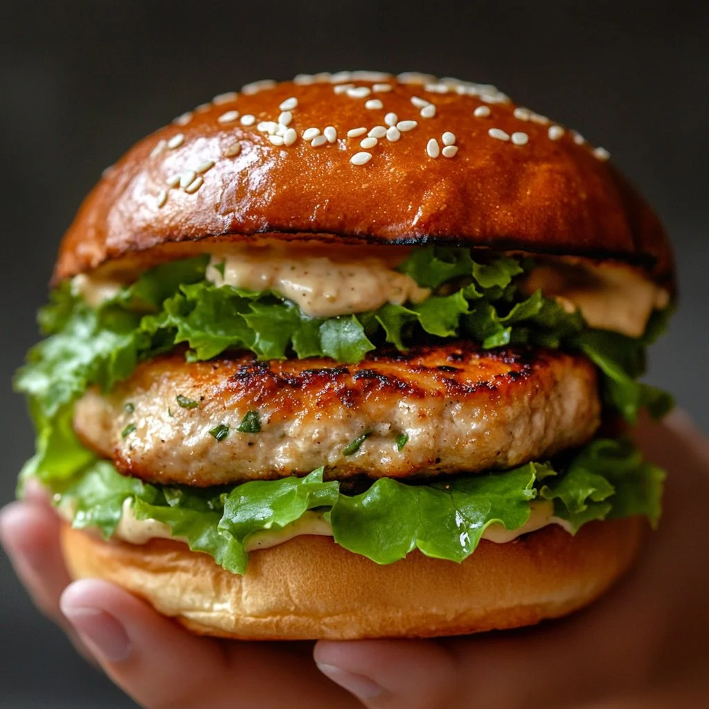 A delectable Chicken Caesar Burger topped with romaine and Caesar dressing