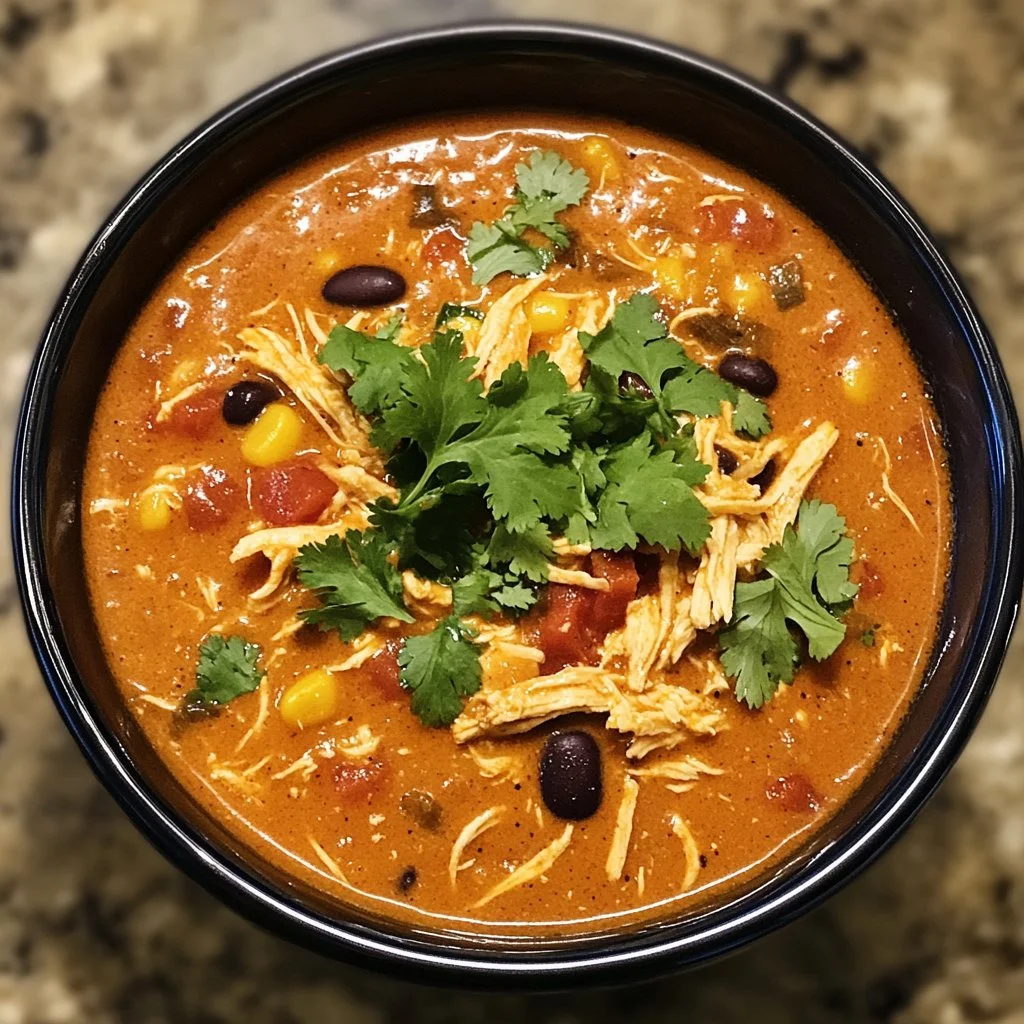 Delicious bowl of Chicken Enchilada Soup topped with cilantro and cheese