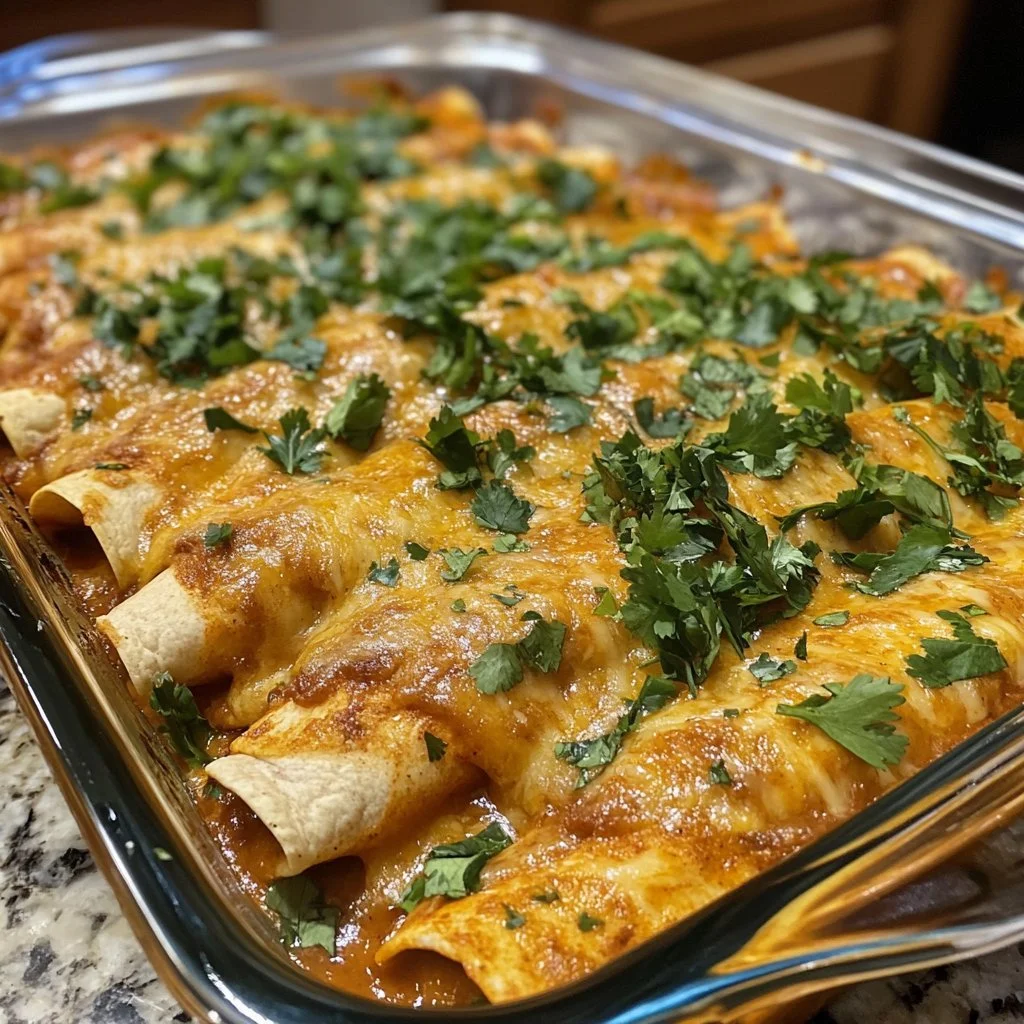 Delicious chicken enchiladas topped with homemade red enchilada sauce