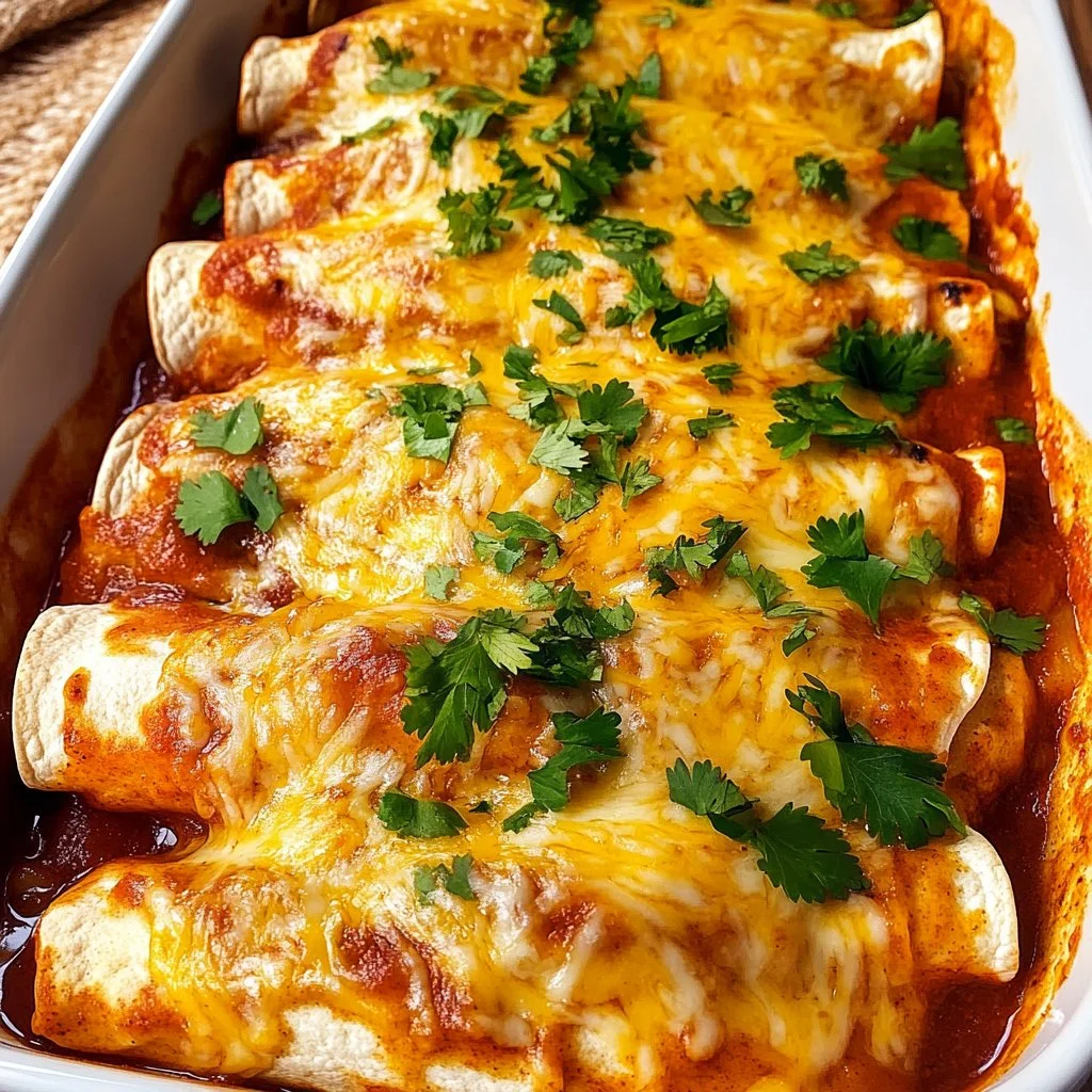 Plate of Chicken Enchiladas topped with homemade red enchilada sauce