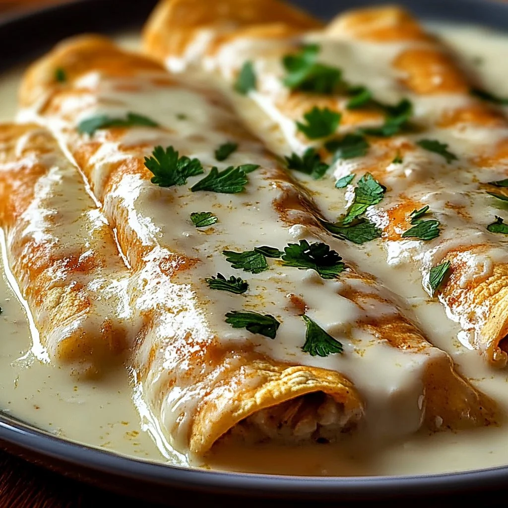 Delicious chicken enchiladas topped with sour cream white sauce on a plate