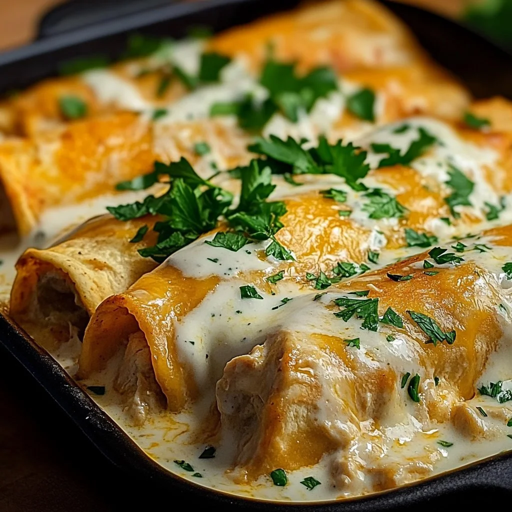 Delicious Chicken Enchiladas with Sour Cream White Sauce served on a plate.