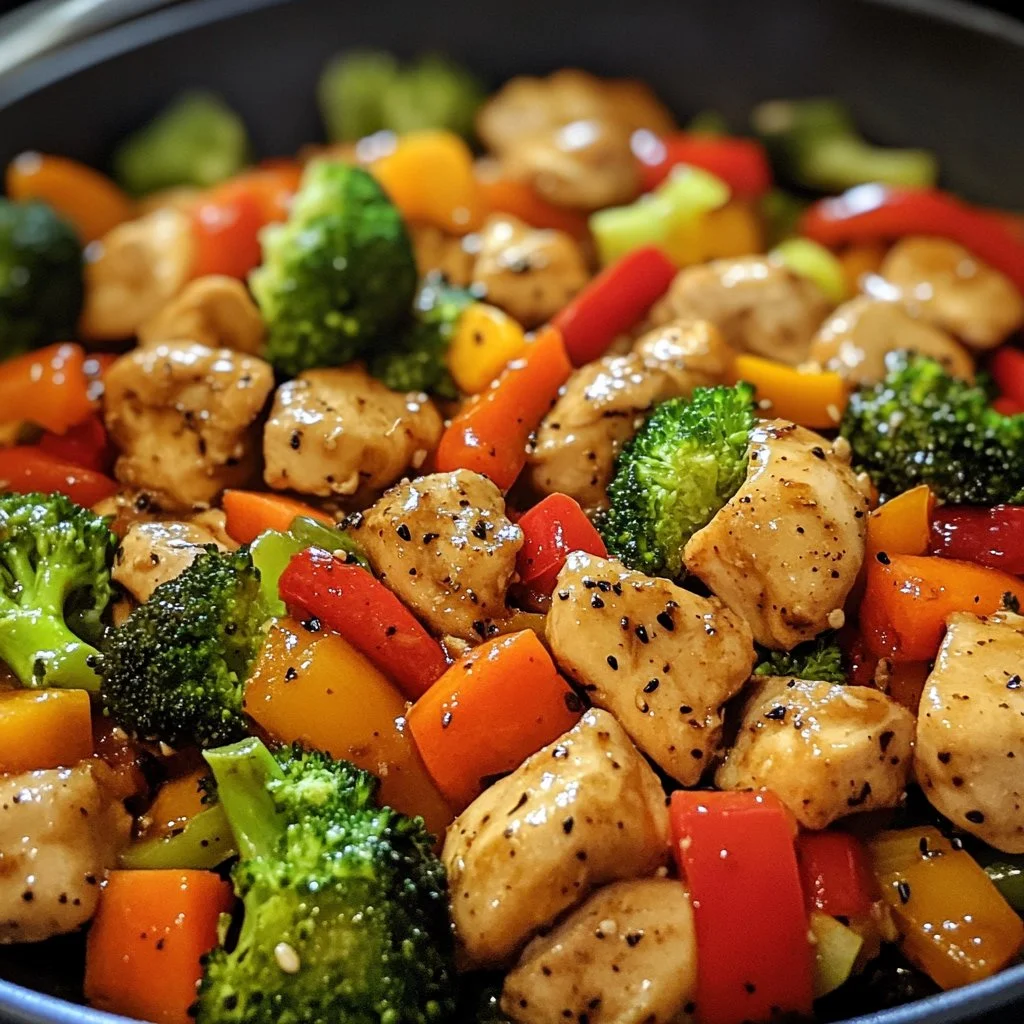 Delicious chicken stir-fry dish with colorful vegetables and rice