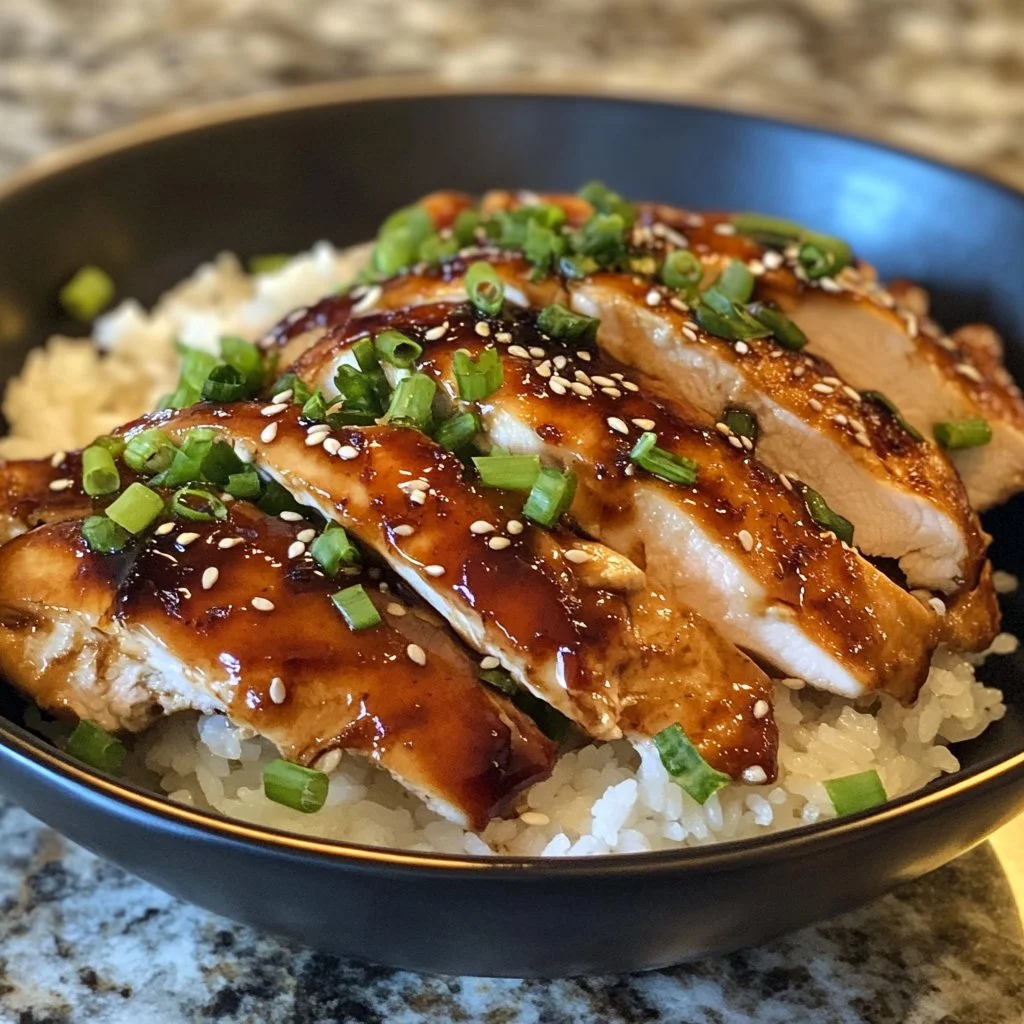 Plate of savory Chicken Teriyaki garnished with sesame seeds and green onions