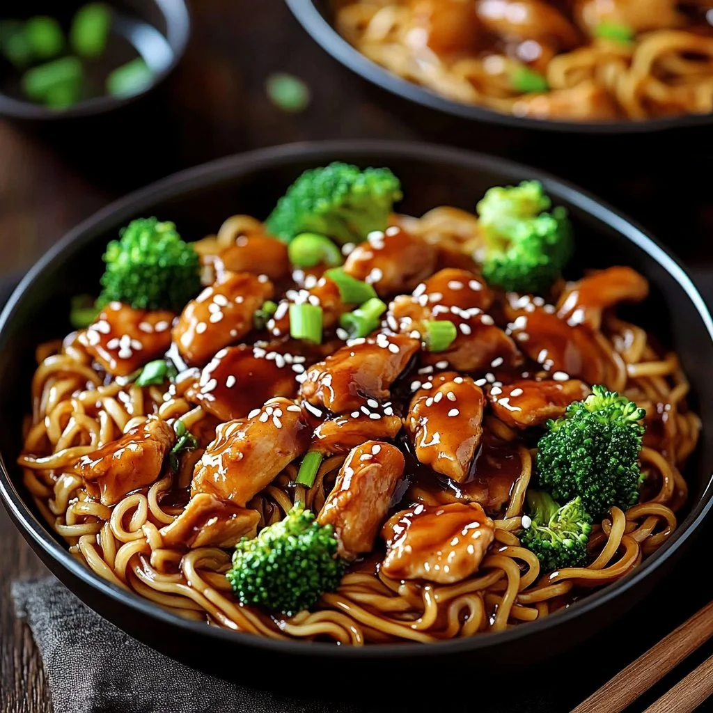 Delicious Chicken Teriyaki Noodles topped with sesame seeds and green onions