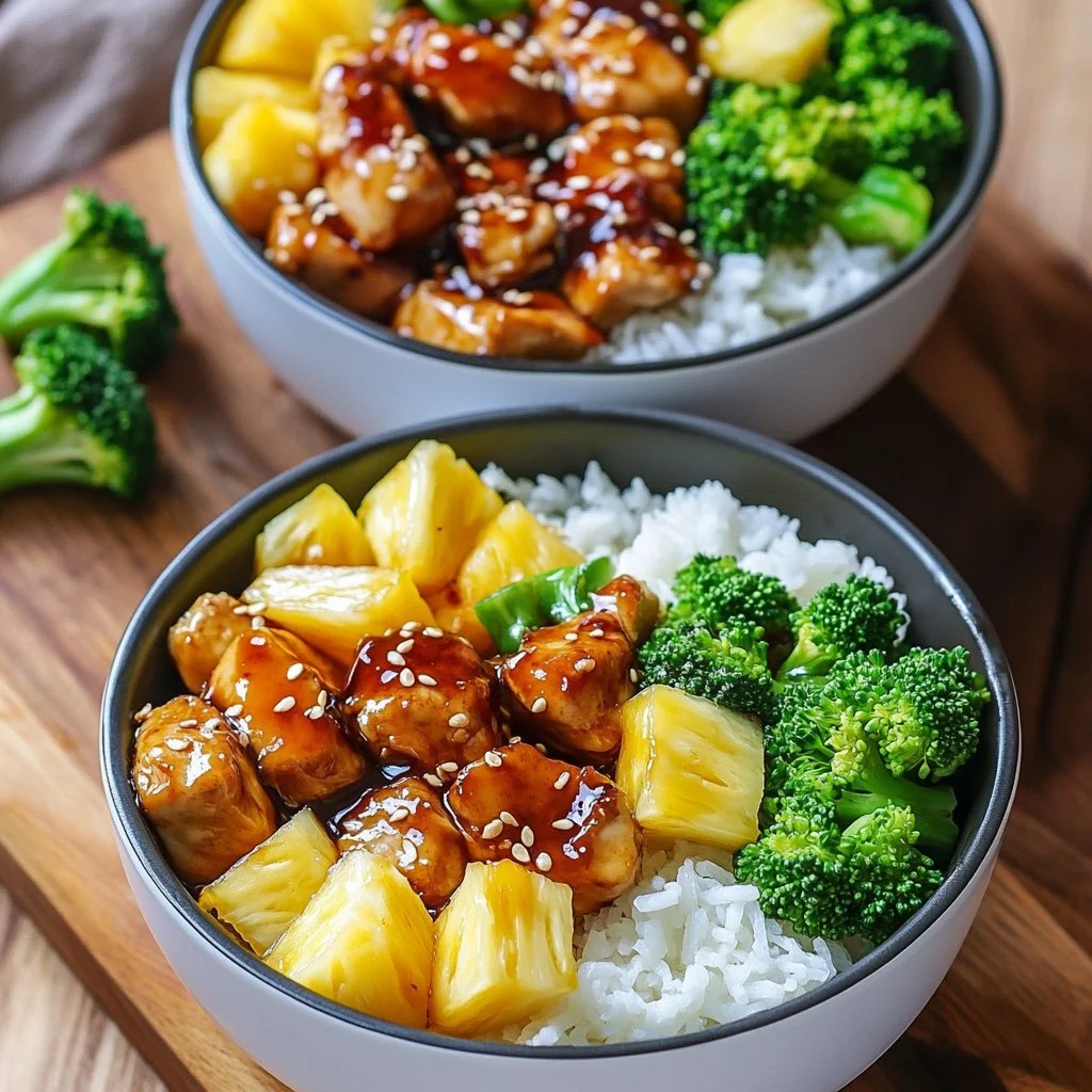 Delicious Chicken Teriyaki Pineapple Bowl garnished with fresh vegetables