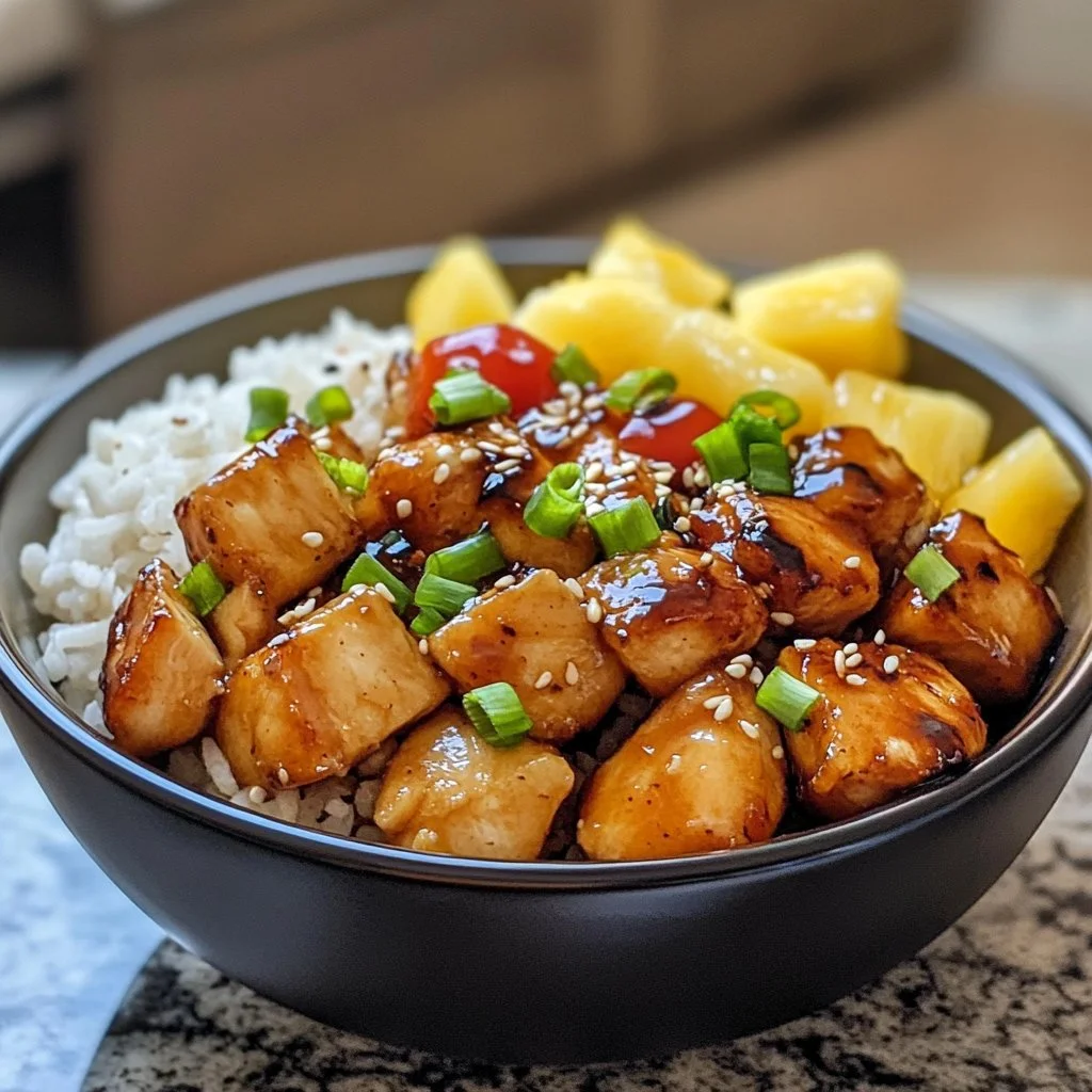 Delicious Chicken Teriyaki Pineapple Bowl served with fresh ingredients