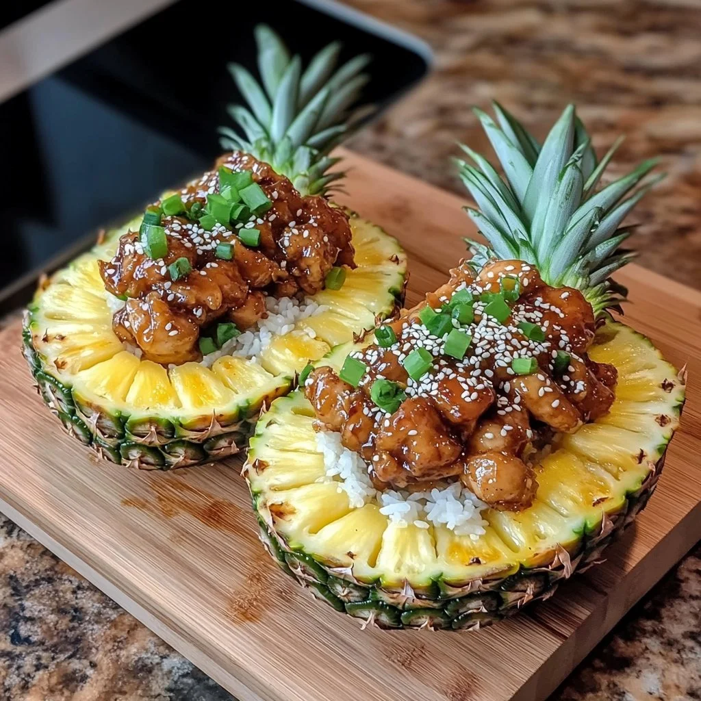 Chicken Teriyaki Pineapple Bowls served with fresh ingredients