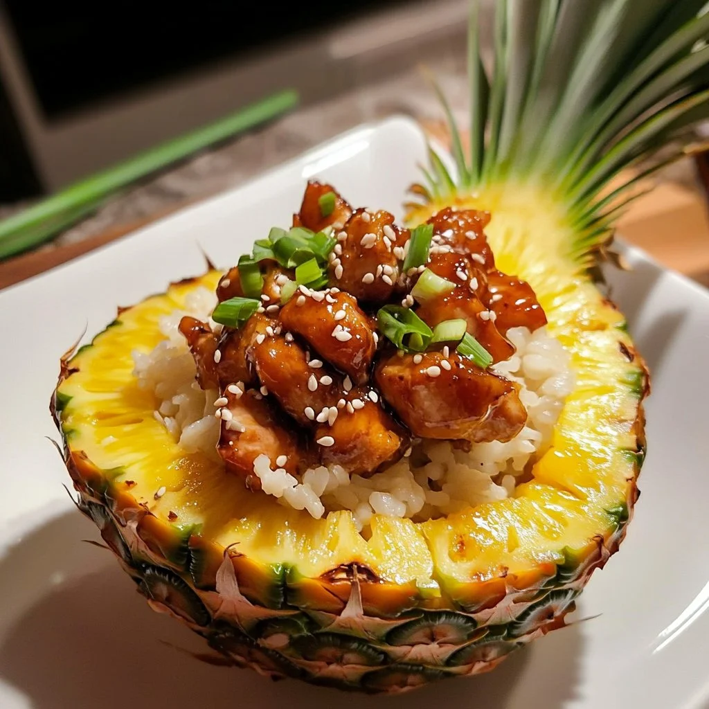 Delicious Chicken Teriyaki served in a pineapple bowl with colorful vegetables.