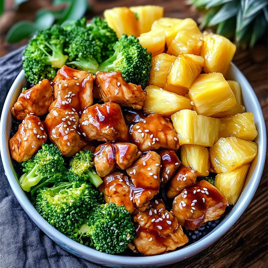 Delicious chicken teriyaki served in pineapple bowls with vegetables.