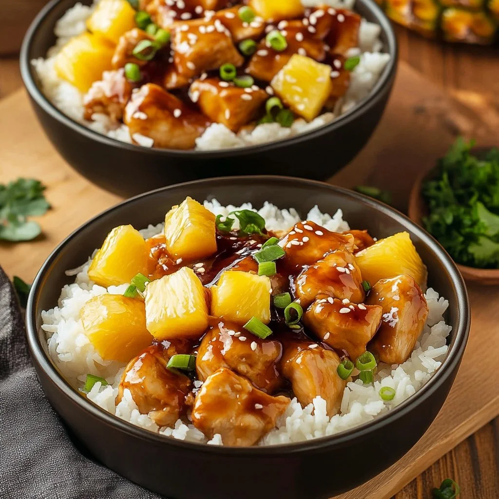 Chicken Teriyaki served in a fresh pineapple bowl